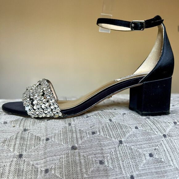 Badgley Mischka Black Fabric w/ Crystal Embellishments & Block Heel Sandals US 7 - Picture 1 of 16